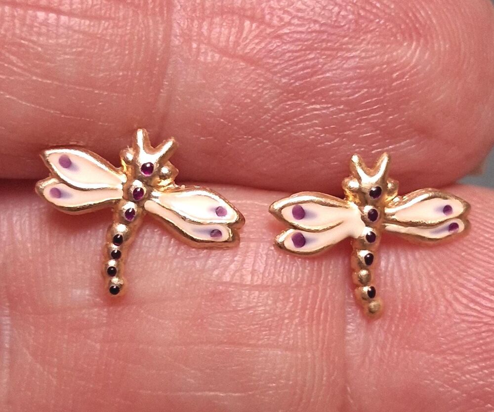 14K Gold Dragonfly Earrings Purple Enamel